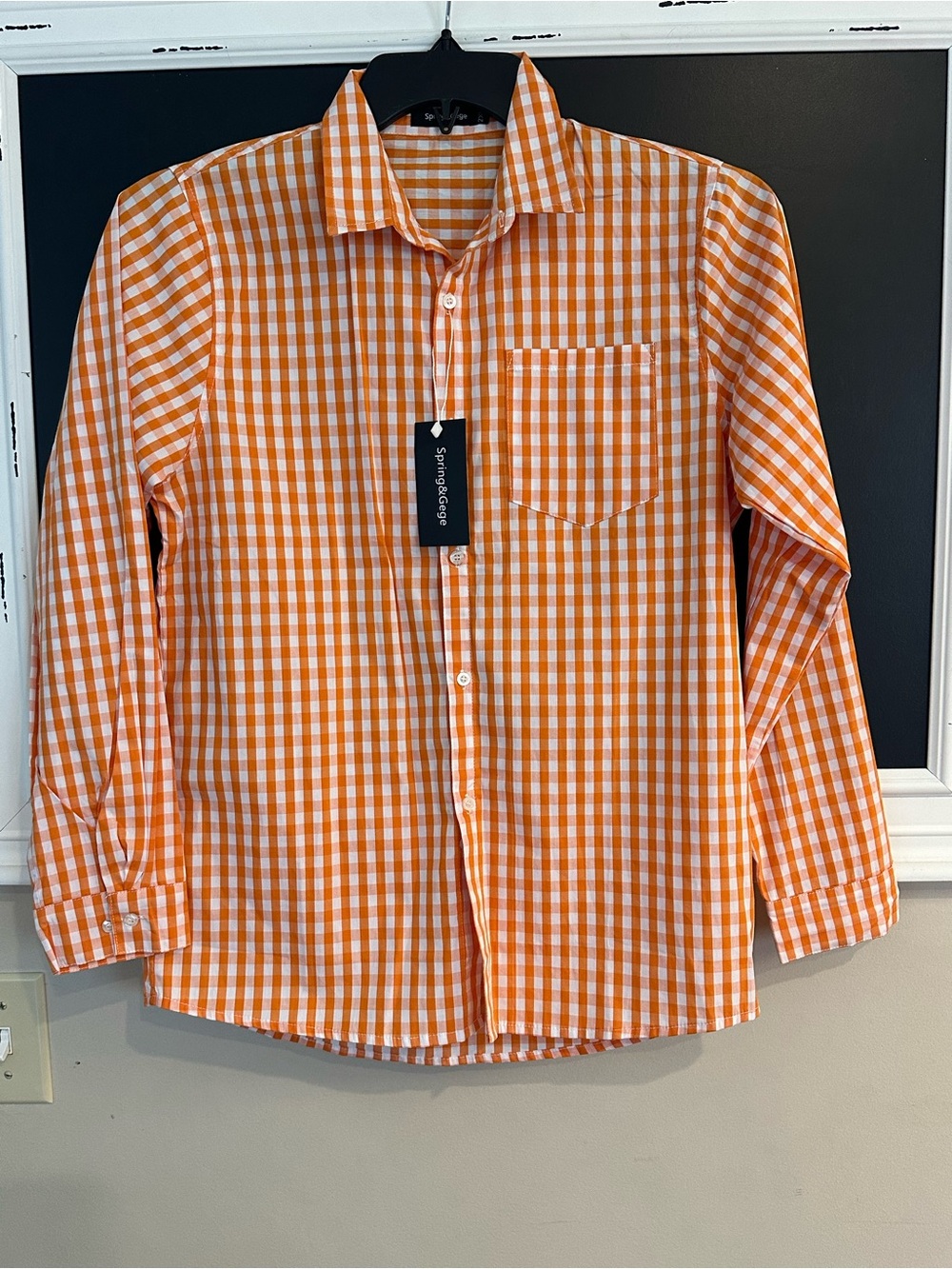 Boys Orange & White Gingham Button-Down Shirt 2XL 13-14